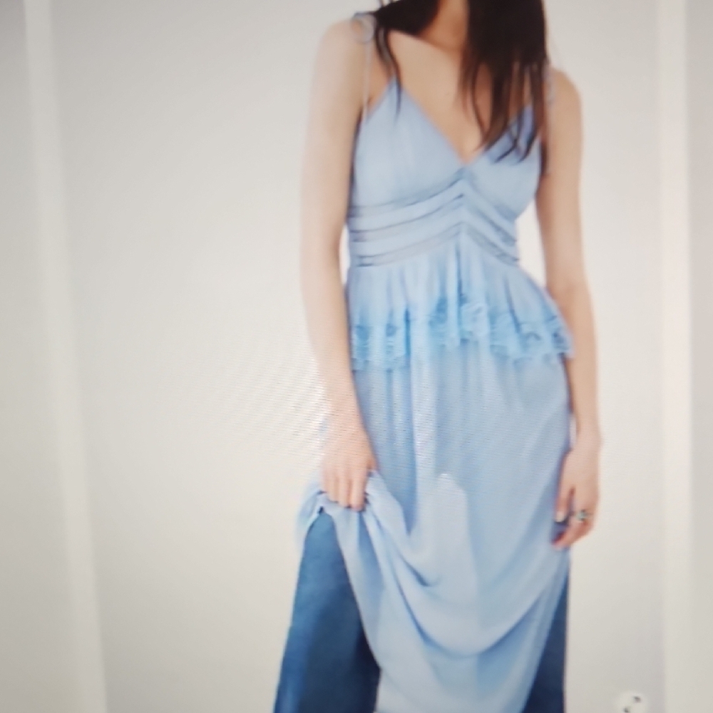 Free People Light Blue Midi Dress with Ruffle Waist